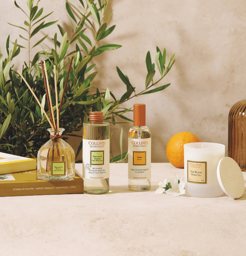 Collection Les Naturelles Collines de Provence avec diffuseur, recharge, spray et bougie, d&eacute;cor&eacute;s d&rsquo;oranger et feuillage. &raquo;
